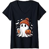 Womens Cute Ghost Drinking Coffee Halloween Ghost Ice Coffee Womens V-Neck T-Shirt