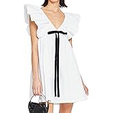 Women's Floral Bow V Neck Babydoll Mini Dress Flower Print Puffy Sleeve Boho Short Casual Loose Flowy Dresses