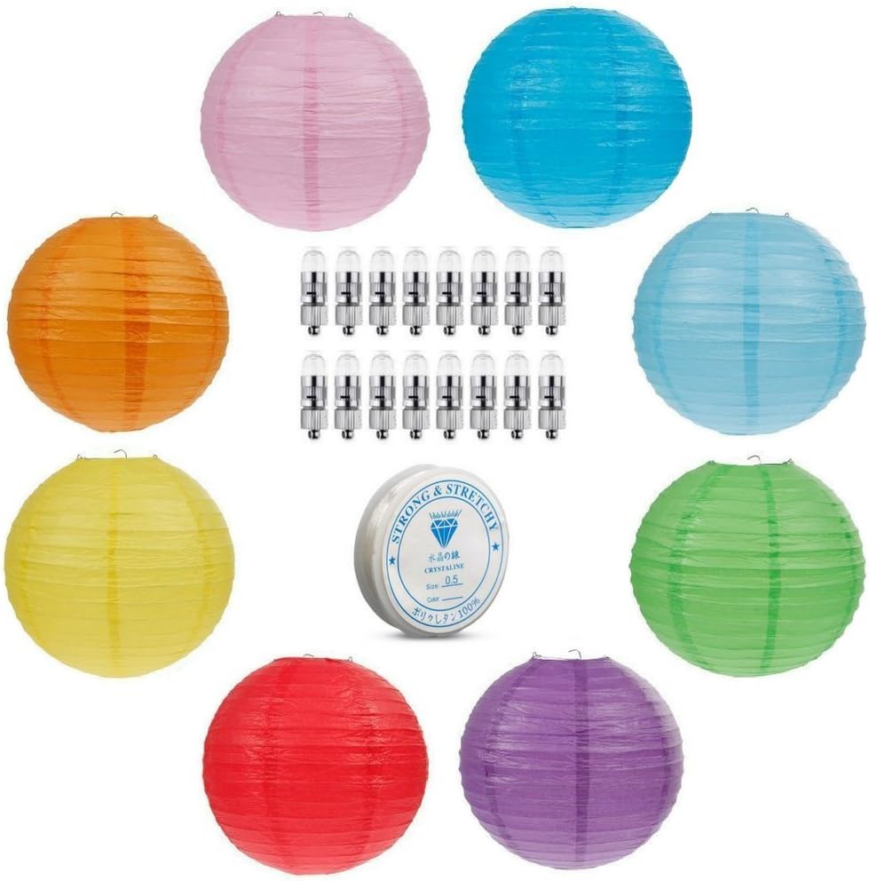 Round Paper Lantern Lamps ALL-IN-ONE Bundle: 8 Pack Colored 12" Inch Round Multi-Color Paper Lanterns | 16-Pack Warm Bright LED Lights w/ Batteries | BONUS 30 Yards Clear String Pack