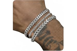 DAYANEY Silver Bracelet for Men, Cuban Chain Bracelet Set Water Proof Stainless Steel Braclet as Valentines Gifs for Him, Adj