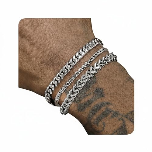 Mens Bracelet Silver and Gold Bracelet for Men Rakhi for Brother | Stainless Steel Cuban Chain Bracelet Set, Adjustable Bracelet for Men Jewelry Gifts for Boyfriend, Dad and Son