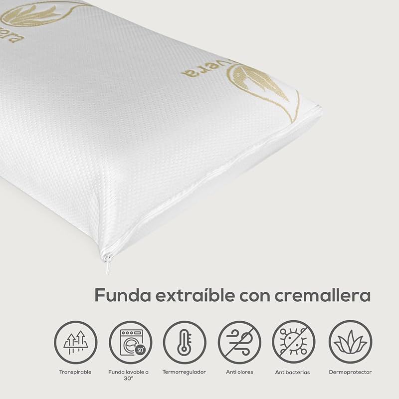- Almohada Viscoelástica Aloe Vera Visco | Máximo Confort y Excelente Adaptabilidad con Propiedades Antiestrés | 75 x 40 cm