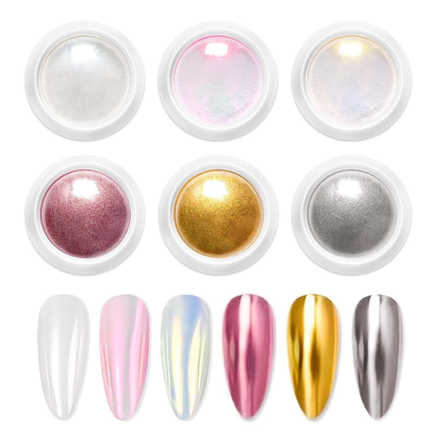 Photo 1 of ?NO.1 Metallic Mirror Effect?Gold Chrome Nail Powder LEDSUUEI - Holographic Aurora Iridescent Pearlescent Gold Chrome White Pearl Chrome Nail Powder for Nails Salon DIY