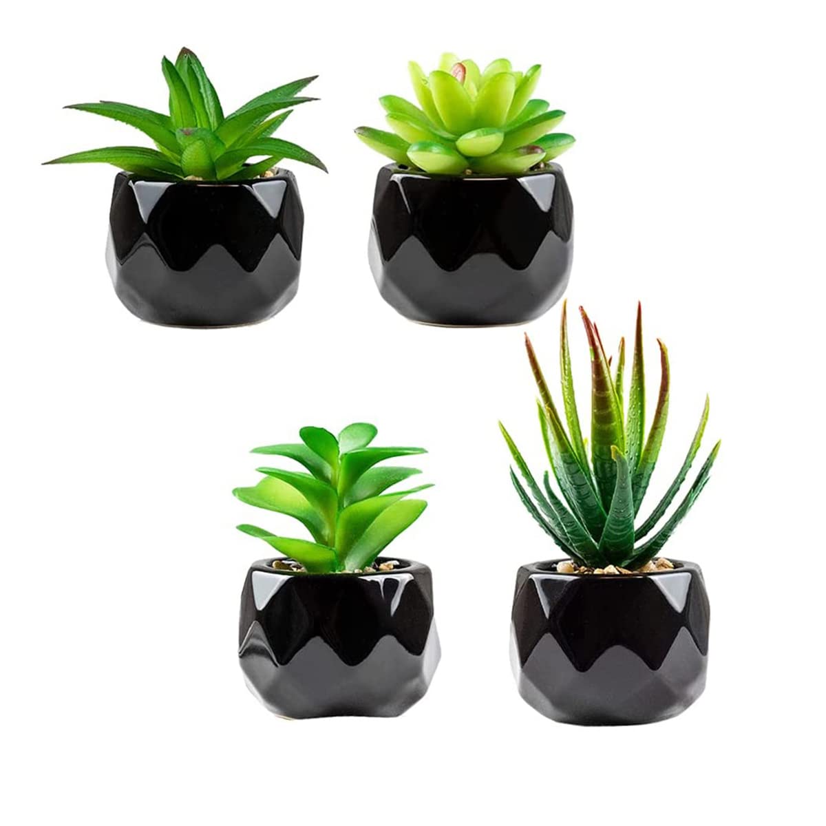 Artificial Succulents Plants Potted Indoor, Set of 4 Small Fake Plants in Black Ceramic Pot, Faux Plant Black Decor for Window Sill, Office, Table, Home, Bathroom, Living Room