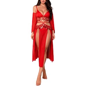 SEAUR Women Sexy Babydoll Lingerie Set Mesh Nightdress V Neck Side Split Nightwear