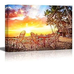 Tropical Hawaiian Sunset with Chairs and Palm Trees Wall Decor