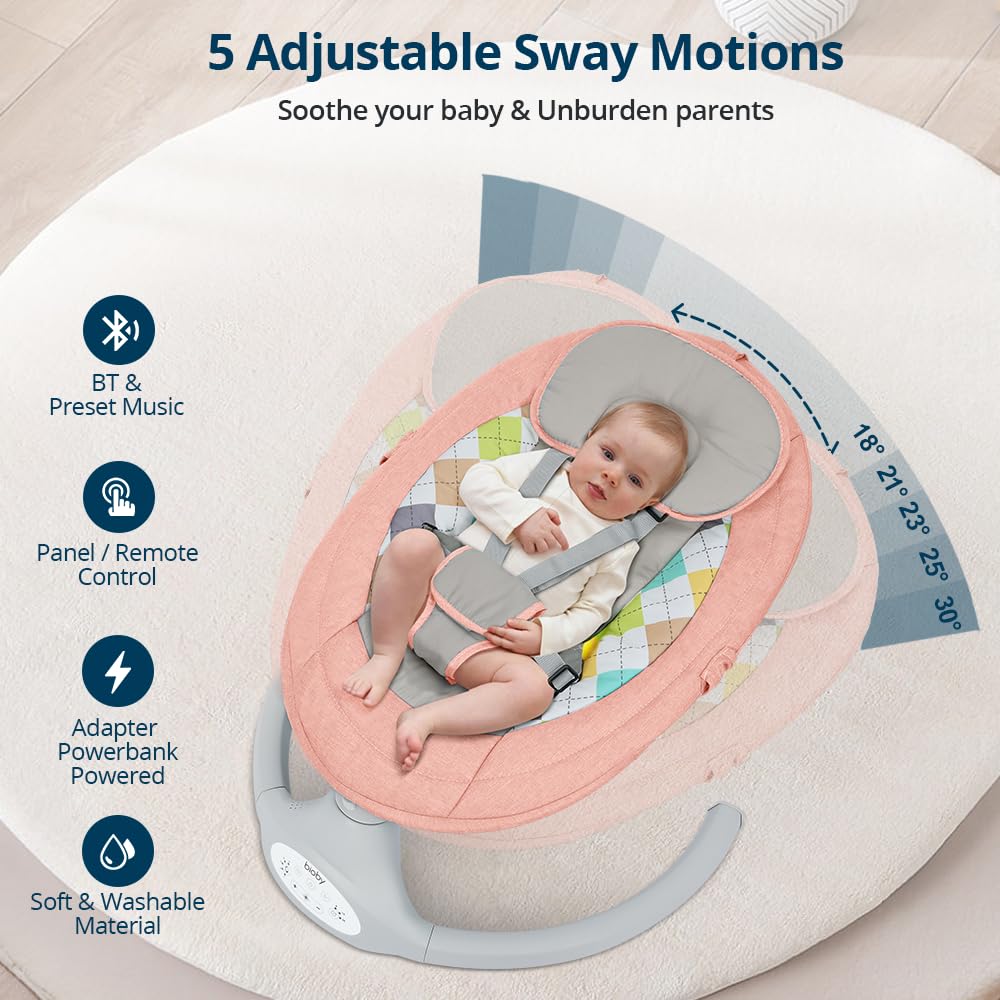 Bioby Baby Swing for Infants with 5 Natural Sway Speeds, Portable Bt Music Baby Bouncer with Remote Control & 5-Point Harness, Lightweight Baby Rocker for 5-20 Lb,0-12 Months Pink
