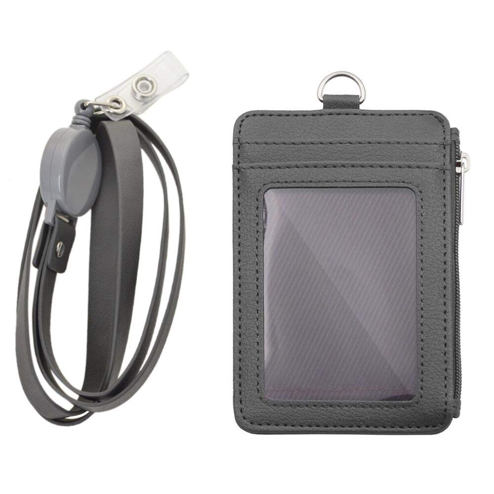 Badge Holder with Zipper, ID Card Holder Wallet with 5 Card Slots, 1 Side Pocket and 20" Retractable Neck Lanyard-Gray