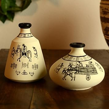 ExclusiveLane Terracotta Warli Hand-Painted Home Decorative Miniature Small Pots Set (9.4 cm x 9.4 cm x 10.2 cm, White, Set of 2 Mini Pots)