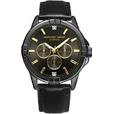 Geoffrey Beene Men's Silver Decorative Subdials Vegan Leather Dress Watch, Genuine Diamond Accent Dial, Classic Quartz, Date, Elegant Design (Brown)