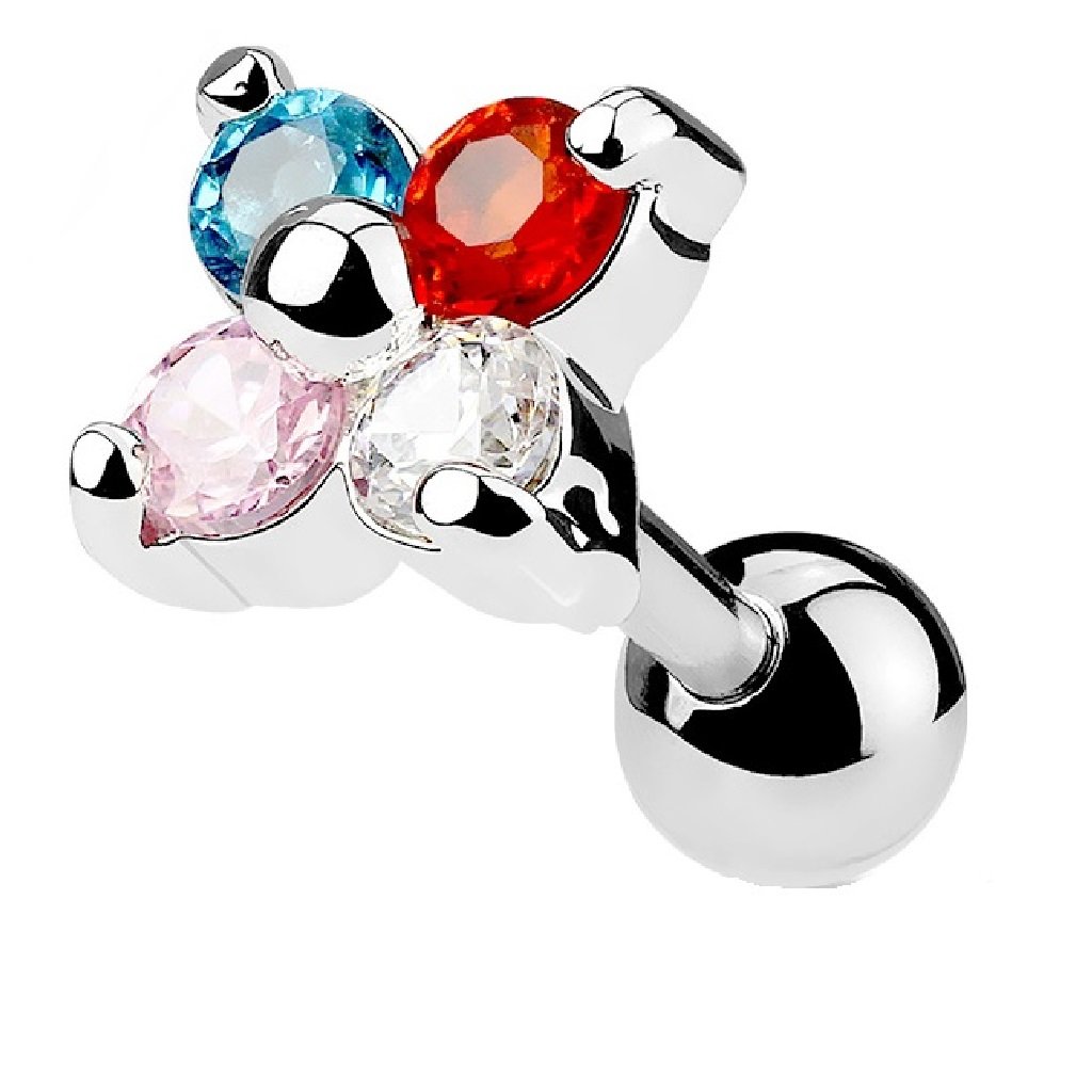 PiercedOff 316L Surgical Steel Cartilage Barbell with Rainbow Crystal Flower - Thickness 16GA (1.2mm) / Length 6mm / Ball Size 4mm / Flower Size 6mm