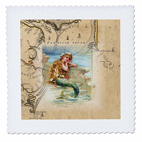 3dRose Print of Vintage Map Outer Banks with Mermaid 25x25 inch Quilt Square