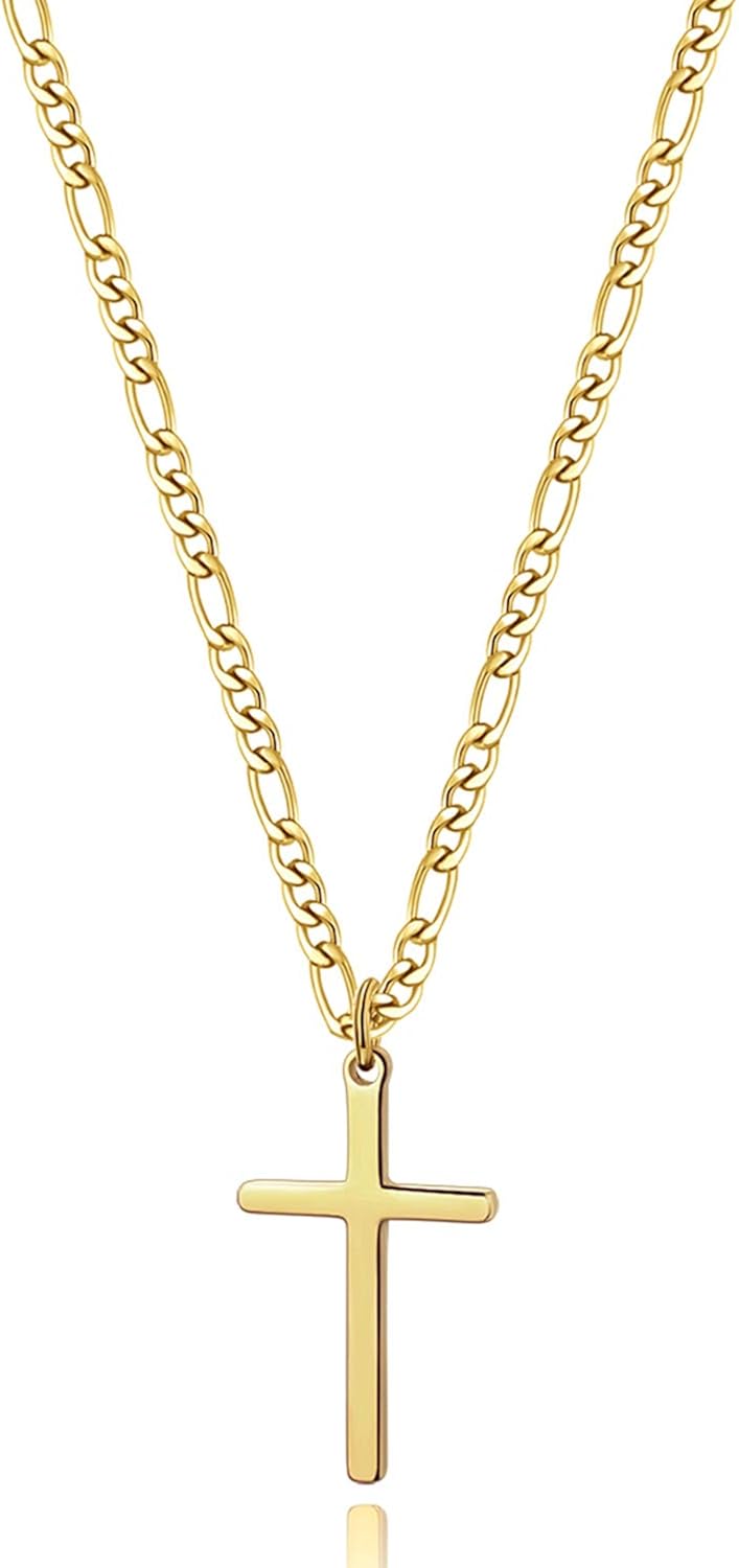 14K Gold Filled Cross Necklace for Men Figaro Chain Stainless Steel Plain Polished Cross Pendant Necklace Simple Faith Jewelry Gift for Boy Women Girls 24": Jewelry