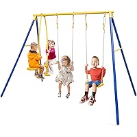 Picture of HONEY JOY Swing Sets for Backyard, Heavy Duty Metal A-Frame Swing Stand w/ 2 Belt Swings & Glider, Ground Stakes, Playground Swingset Outdoor for Kids, Swing Set for Toddlers 3-12