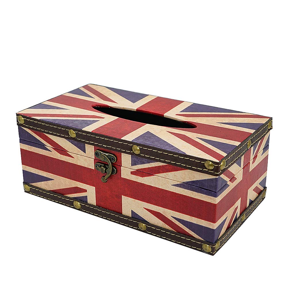 DreamsEden Wooden Tissue Box Cover Holder - Vintage Flag Style Classical Napkin Box for Home Office Room Decor (Union Jack Flag)
