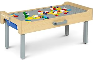 Delta Children Play N Store Building Bricks Play Table with 100+ Play Bricks Included - Large Brick Plate Compatible with Lego, MegaBlocks & More - Legs Fold for Easy Under Bed Storage, Grey
