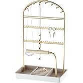 Saydear Multi-Functional Jewelry Holder Organizer Necklace Display Stand Velvet Lined Bar for Rings 2 Tier with 18 Hooks, 32 Earring Holes - Sturdy and Durable, Easy Organization White & Gold