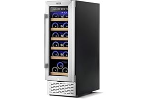 COLZER Elegant Mini Wine Fridge 18 Bottle 12 inch Wine Cooler Refrigerator, Built-in or Freestanding Wine Cooler, Stainless Steel Double-Layer Tempered Glass Door