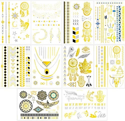 Metallic Temporary Tattoos Large Yoga Gold Face Tattoos for Women Girls Kids, 10 Sheets VIWIEU Glitter Body Jewerly Stickers - Moon, Stars, Sun, Bracelet, Necklace, Dream Catcher