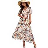 Women‘s Summer Floral Boho Maxi Dress Short Sleeve V Neck Flowy Long Beach Wedding Guest Dresses