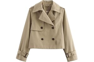 Cropped Trench Coat for Women,Coat Lapel Long Sleeve Double Breasted Short Jacket Casual Outwear