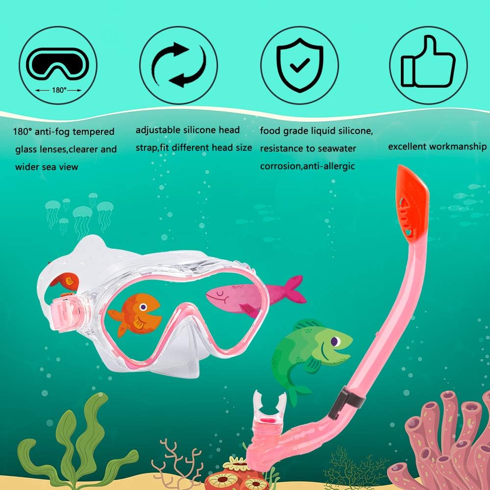 Ertong Children Snorkel Set Kids Scuba Diving Equipment Packages Including Adjustable Swimming Fins/Flippers + Automatic Breathing Tube + Tempered Glass Lens Snorkeling Mask (Rose Red) : Sports & Outdoors