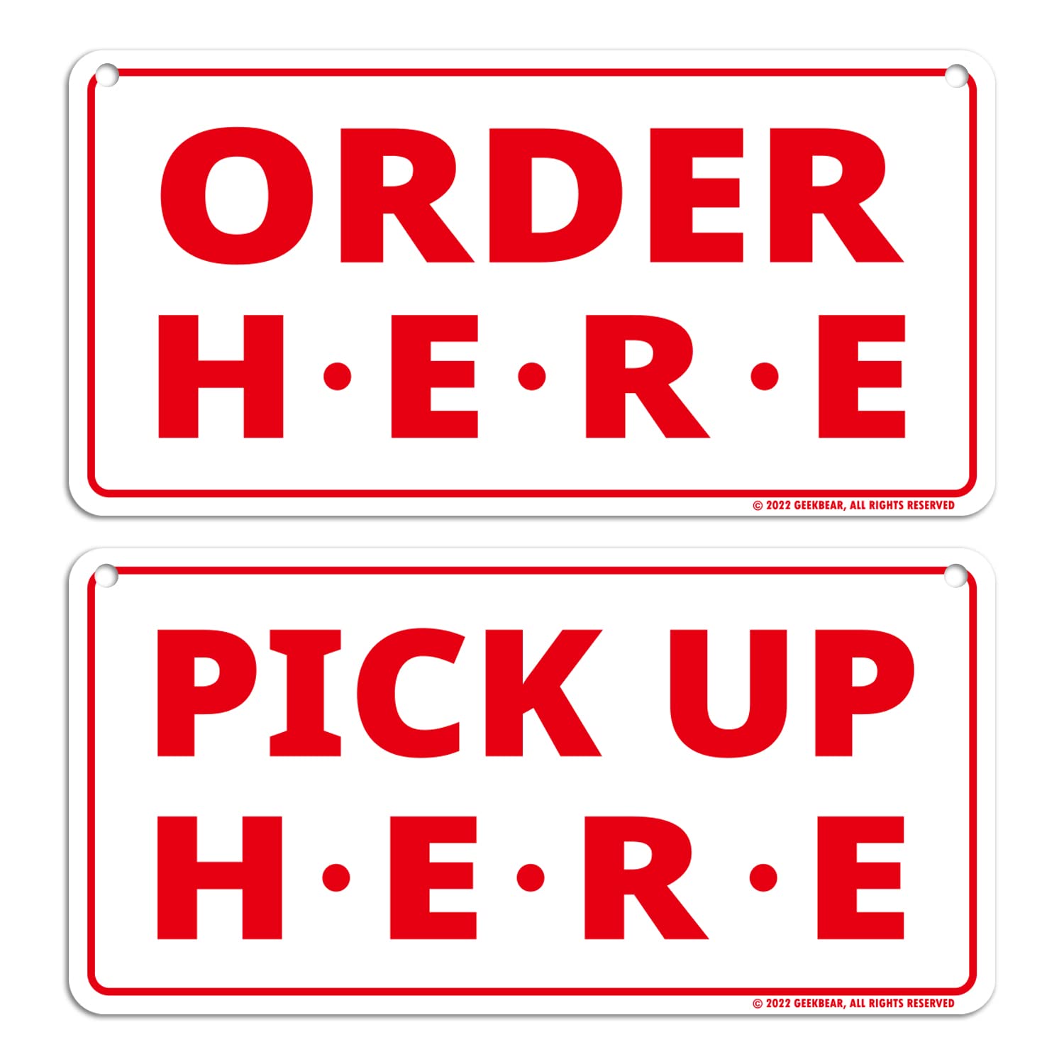 GEEKBEAR Order Here and Pick Up Here Signs (White) - Premium Order Here Pick Up Here Signs with Special Hanging Hooks Attachable to Ceiling - 12" X 6" - 2 Pack