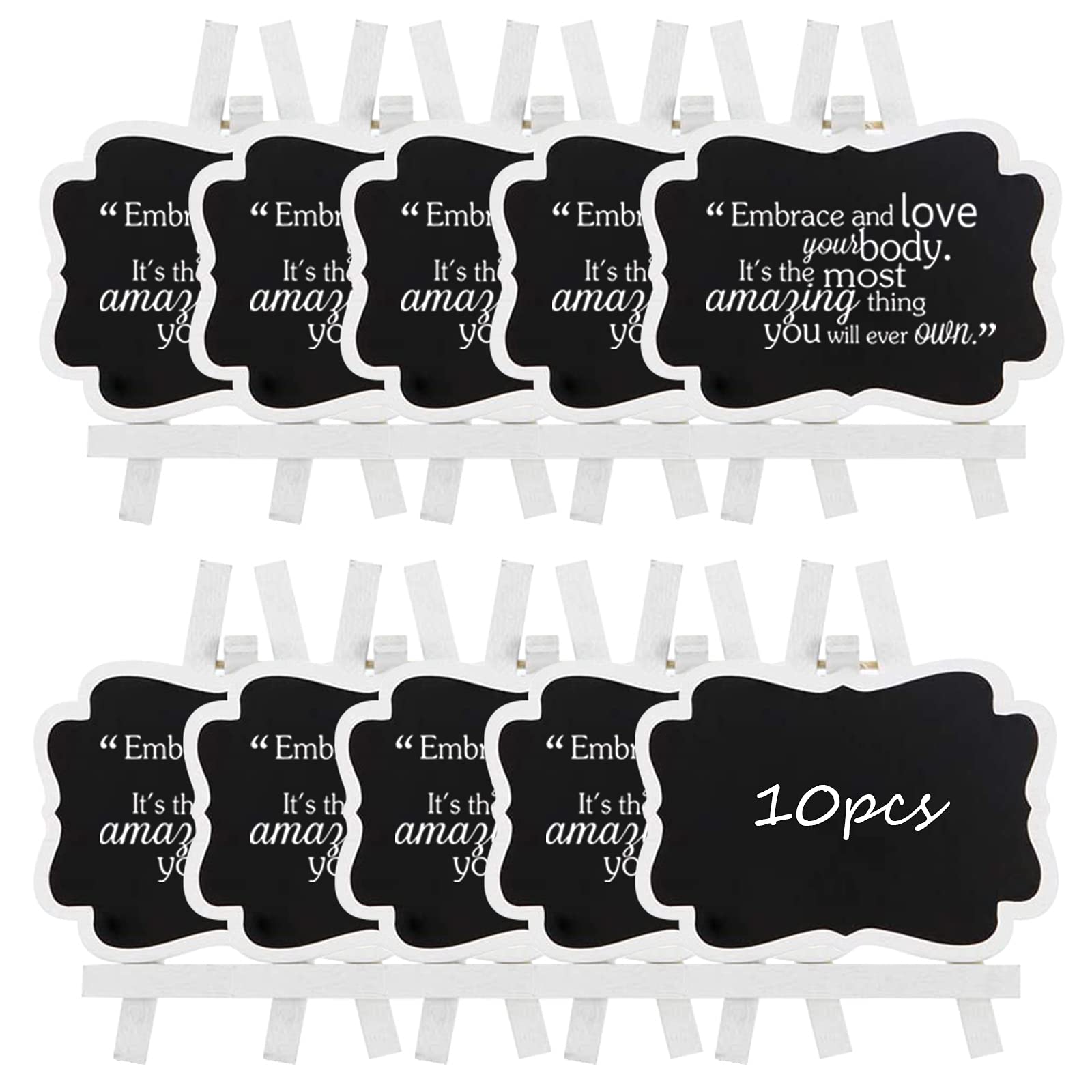 Giyiprpi 10 Pack Mini Chalkboard Signs with Easel Stand, 3.9x2.9 Inch Small Wooden Chalkboard Labels and Tags for Events, Parties and Weddings