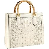 KoovDem Crocodile Pattern Leather Women's Bag Bamboo Top-Handle Satchel Handbags Portable Tote Bag Shoulder Messenger Bags (White)