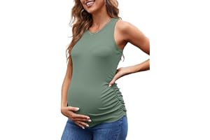 UNCLECAT Women's Maternity Tank Tops Summer Sleeveless Crewneck Ribbed Slim Fitted Blouse Side Ruched Pregnancy Shirts