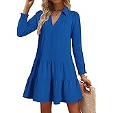 Wkior Casual Dresses for Women Long Sleeve Fall Lapel Collared V Neck Pleated Midi Dress 2026