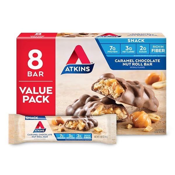 ATKINS CARAMEL CHOCOLATE NUT ROLL SNACK BAR, PROTEIN SNACK, HIGH IN FIBER, 2G SUGAR, 8 COUNT