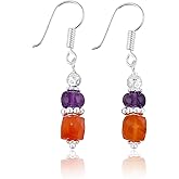 ARTISANJEWELS Natural Carnelian & Amethyst Gemstone Dangling Earrings, Handmade Bohemian Silver Jewelry, Polished Healing Crystals, Simple Earrings, Gift for Women (Approx.1.25inch)