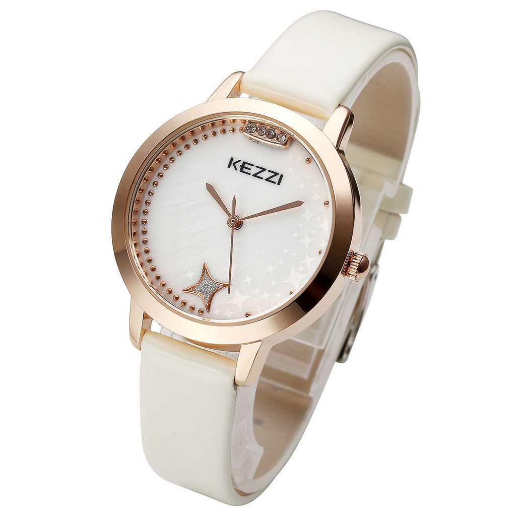 JSDDE Women Fashion Water Resistant Japanese Quartz Seashell Star Dial PU Leather Band Wrist Watch-White