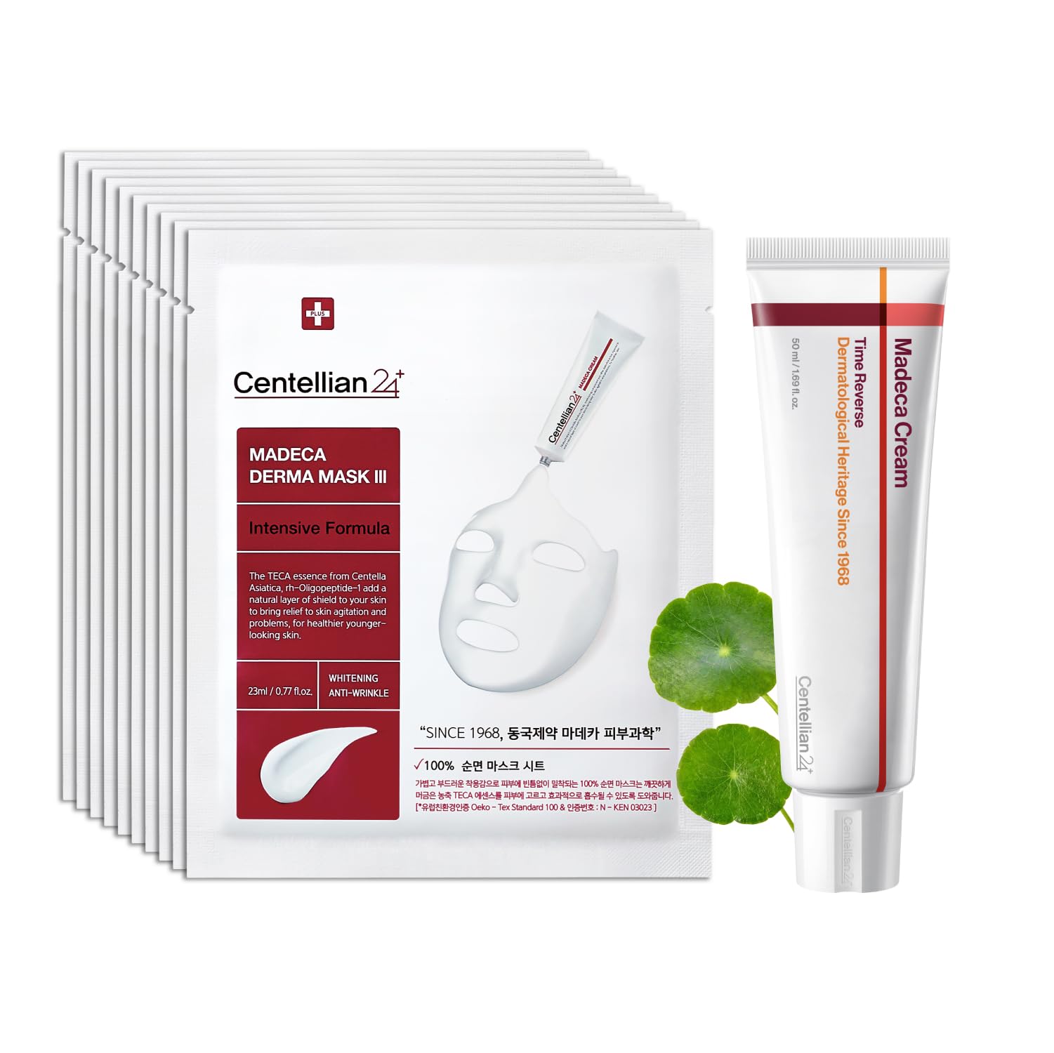 CENTELLIAN 24 Madeca Cream Time Reverse 50ml + Madeca Derma Mask 3(Intensive) 10pc – Hydrating, Firming, Wrinkle Care Set with Centella Asiatica, TECA & Madecassoside for nourished, soothed Image