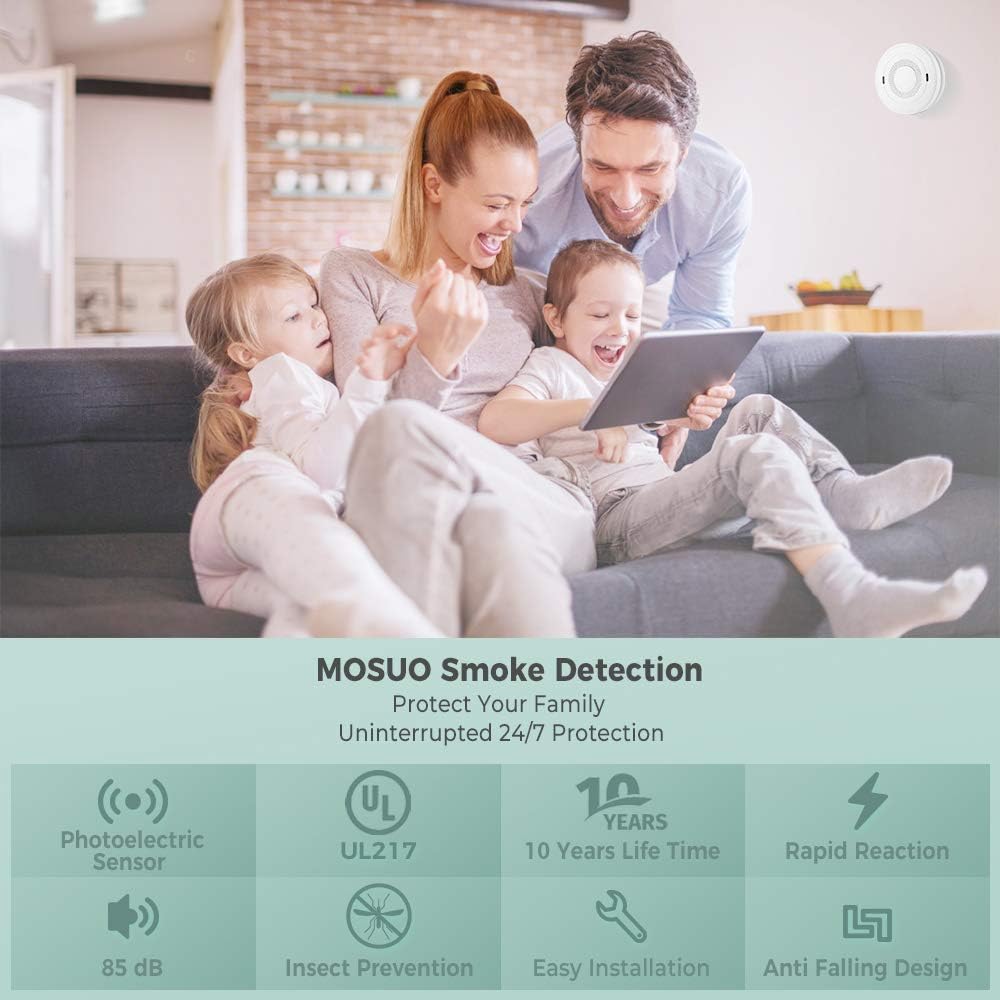 MOSUO Smoke Detector, 10-Year Lithium Battery Fire Alarm with Photoelectric Sensor, Easy to Install with Test Button, Compliant with UL 217 Standard (Not Hardwired) - - 