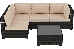 UPHA 5 Pieces Patio Furniture Set Outdoor Sectional Sofa Set, Brown PE Rattan Wicker Conversation Set with Coffee Table for Deck, Backyard, Lawn, Beige