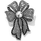 Black Rhinestone Bow Brooch Pin for Women Silver Toned Crystal Imitation Shell Pearl Ball Ribbon Bowknot Brooches Lapel Pins Vintage Halloween Holiday Wedding Dress Accessories Jewelry