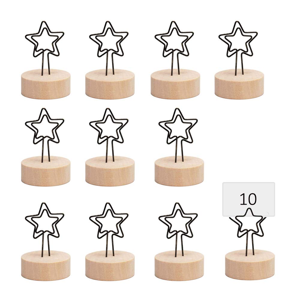 Dulau 10 Pieces Rustic Real Wood Base Table Name Number Place Card Holder, Star Shape Photo Picture Note Clip Holder, Wooden Card Holders for Wedding, Restaurant and Party