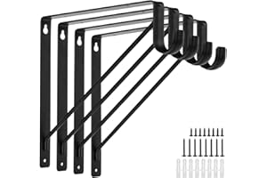 APOCHON 4 Pack Heavy Duty Closet Shelf and Rod Brackets 300lbs, 11 x 11 Inch Wall Mounted Closet Shelves Bracket with Rod Shelving Support, Black Closet Pole Holder Bracket with Screws