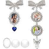 WEBEEDY 2 Styles Wedding Bouquet Photo Charm Rhinestone Bow Brooch Pin with Picture Pendant and Heart Charms for Wedding, Decorative Memorial Pins for Weddings Memory Bride Groom Clothing Decor Anniversary
