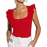 BONITEE Women Summer Ruffle Tops Sexy Square Neck Short Sleeve Shirts Trendy Casual Ribbed Slim Fitted Knit Tees Blouse