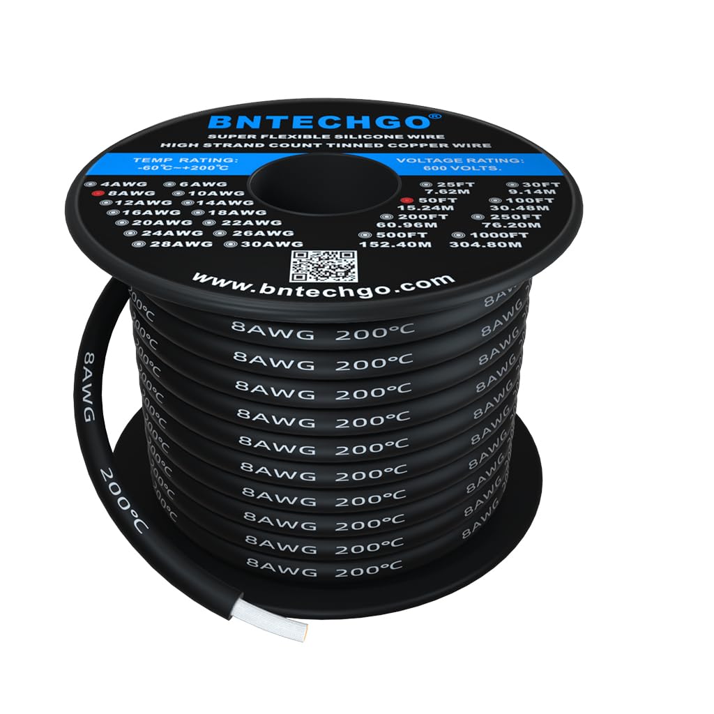 BNTECHGO 8 Gauge Silicone Wire Spool Black 50 ft Ultra Flexible High Temp 200 deg C 600V 8 AWG Silicone Rubber Wire 1650 Strands of Tinned Copper Wire Stranded Wire for Model Low Impedance