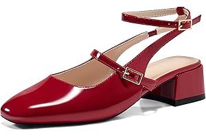 Coutgo Womens Mary Jane Chunky Low Heels Closed Square Toe Ankle Strap Pumps Wedding Party Dress Shoes