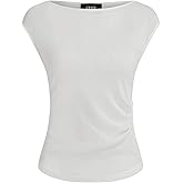 CIDER Womens Tops Short Sleeve Ruched Tee Solid Boat Neck Slim Fit Top Trendy Going Out Casual Basic