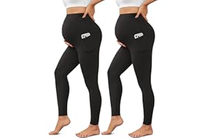 Women's 2 Pack Maternity Leggings with Pockets Over The Belly Maternity Yoga Pants Workout Pregnancy Leggings