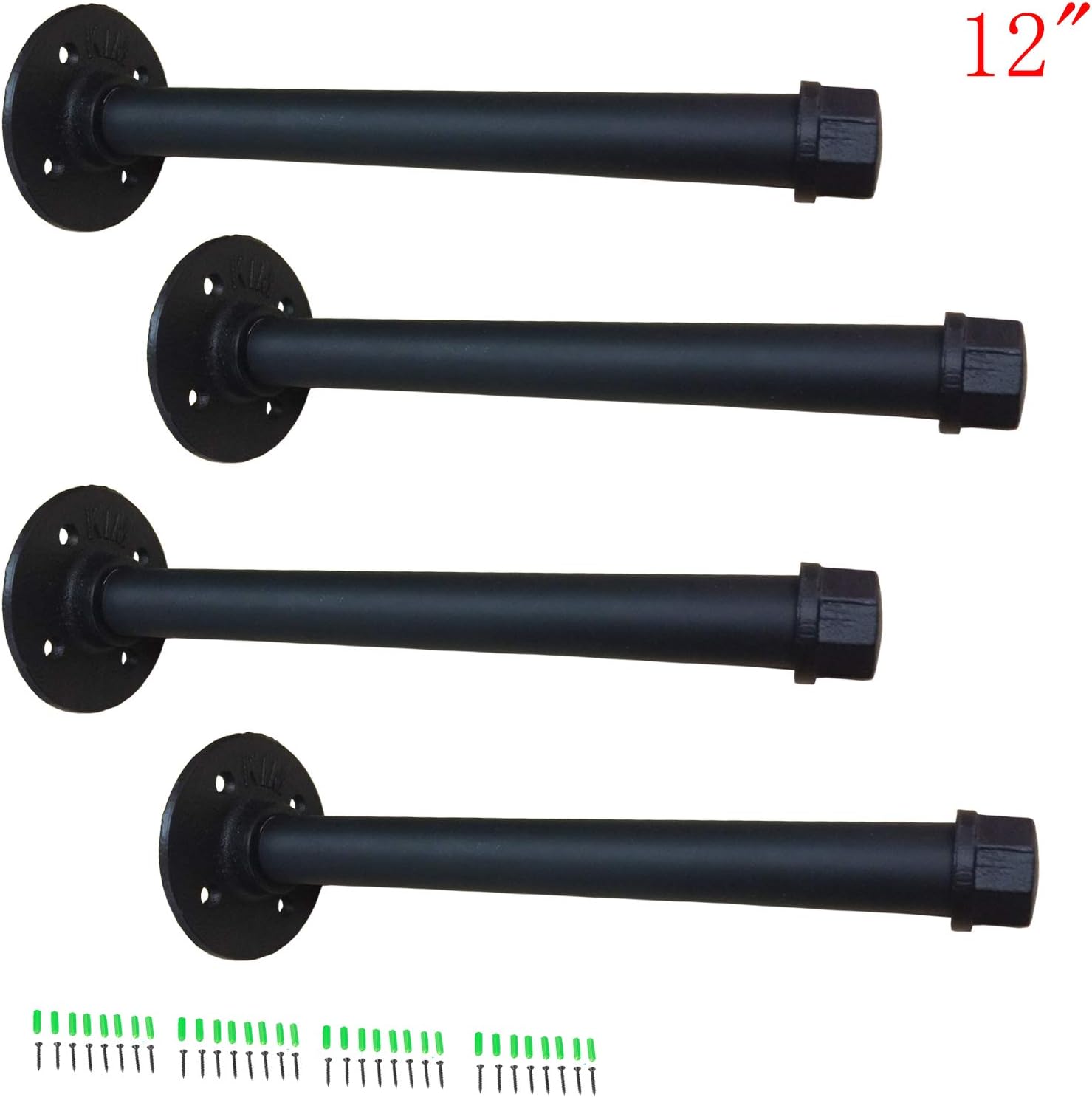 Yuanshikj 4Pc (12" deep 3/4" Pipe) Industrial Wall Mount Iron Pipe Shelf Shelves Shelving Bracket Vintage Retro Black DIY Open Bookshelf DIY Storage Home Improvement Kitchen (4Pc 12" Deep)