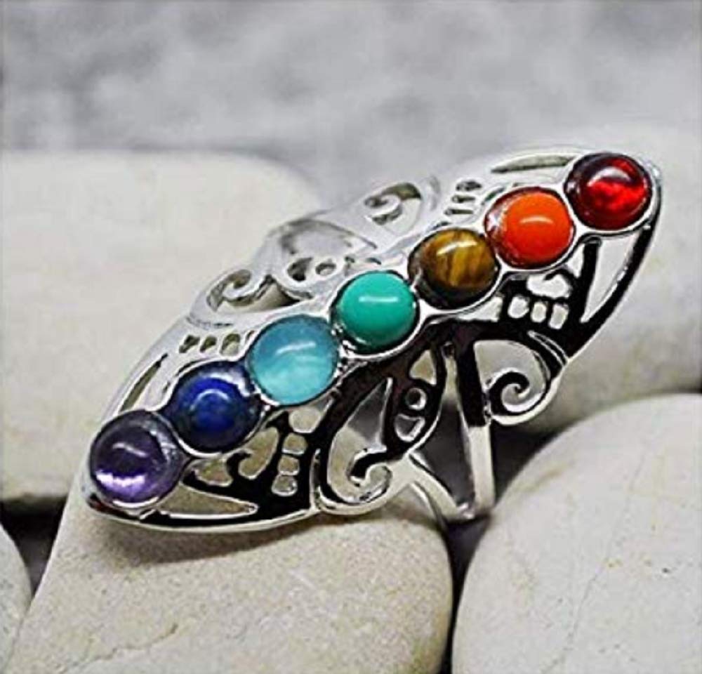 Lzz 925 Sterling Silver Healing Hollow Stone Adjustable 7 Chakra Ring Aura Gemstone Ring Rainbow Color Chakra Healing Style Female Ring Buy Online In Israel At Desertcart Productid