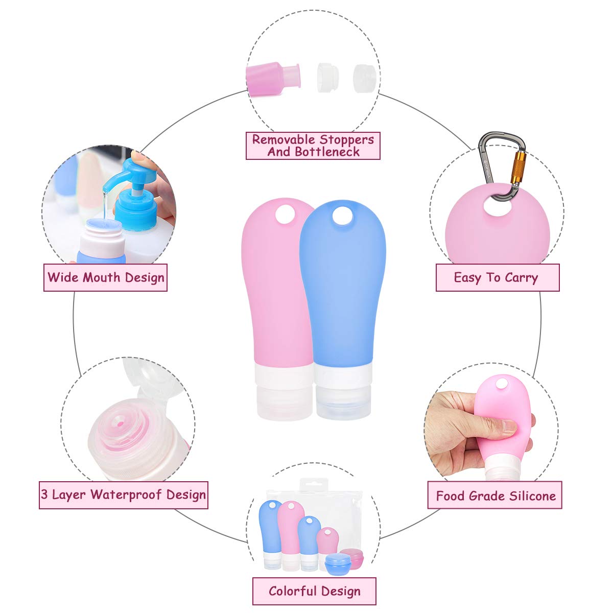 Silicone Travel Bottle, Elebor Portable Squeezable Refillable Bottles Containers Travel Bottles Organizers for Shampoo,Lotion, Cream, Toiletries, TSA Airline Approved