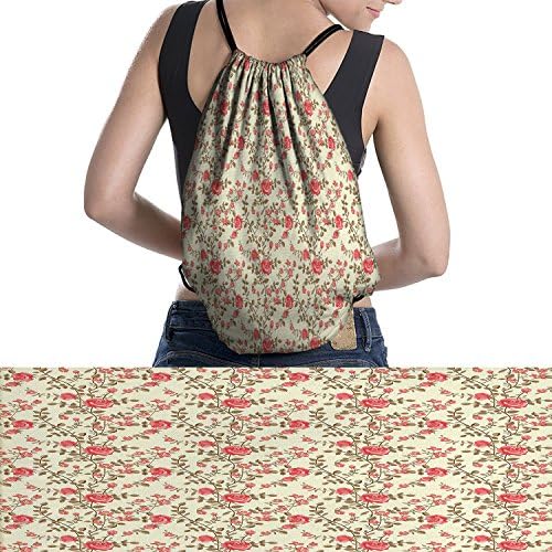 homefeel Rose dirt bike drawstring bag Rustic Pattern with Floral Stems Old Fashion Design Classical Femininewaterproof Dark Coral Pale Yellow Tan